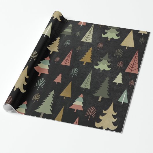 Kerstfeestdag - Bomen op zwart Cadeaupapier (Uitgerold)