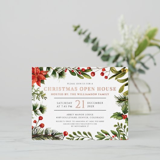 Kerstfeestdag Botanische Roos Gold Folie Uitnodiging Briefkaart (Staand Voorkant)