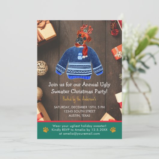 Kerstfeestdag Boxer Dog Ugly Sweater Party Kaart (Staand voorkant)