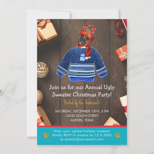 Kerstfeestdag Boxer Dog Ugly Sweater Party Kaart (Voorkant)
