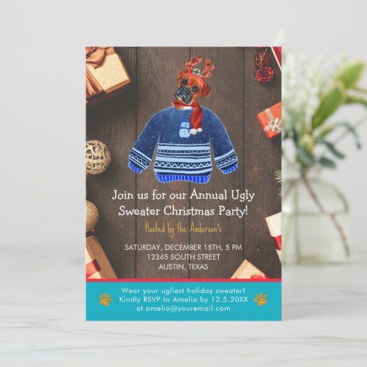 Kerstfeestdag Boxer Dog Ugly Sweater Party Kaart (Staand voorkant)