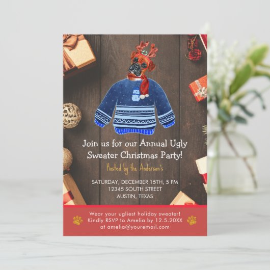 Kerstfeestdag Boxer Dog Ugly Sweater Party Kaart (Staand voorkant)