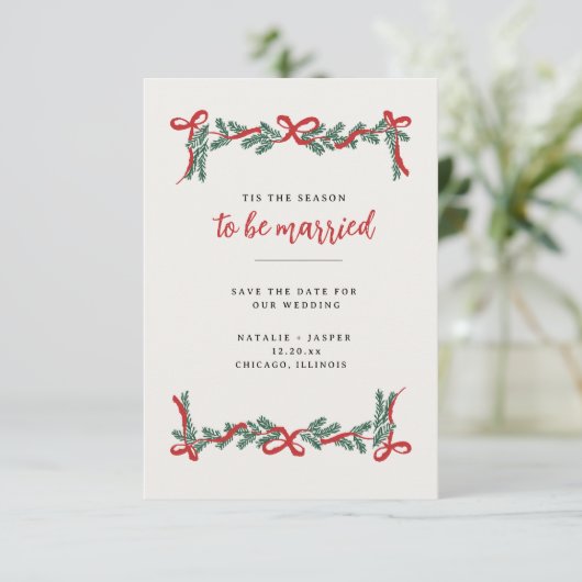 Kerstfeestdag bruiloft save the date (Staand voorkant)