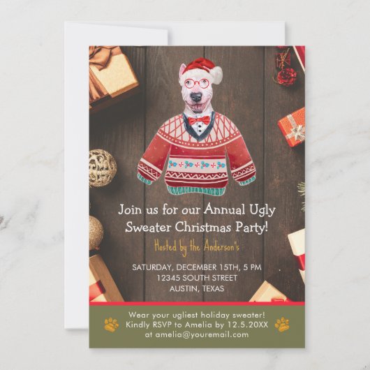 Kerstfeestdag Bull Terrier Ugly Sweater Party Kaart (Voorkant)