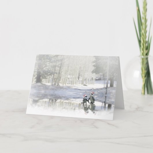 Kerstfeestdag Cute Penguins Ice Skies Feestdagen Kaart (Voorkant)