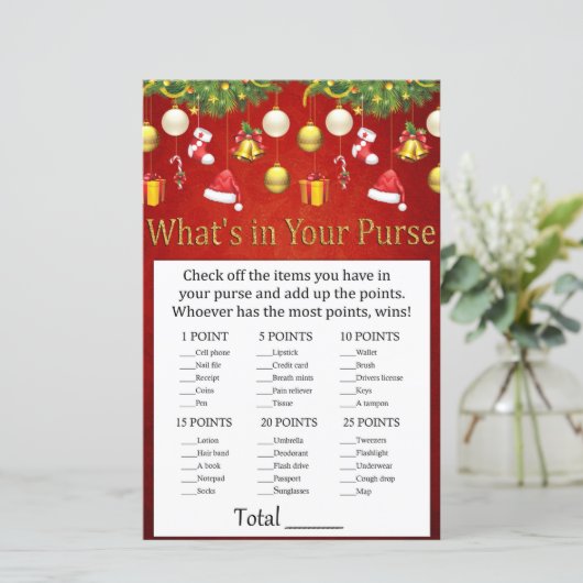 Kerstfeestdag decor Wat zit er in je handtas? (Staand voorkant)