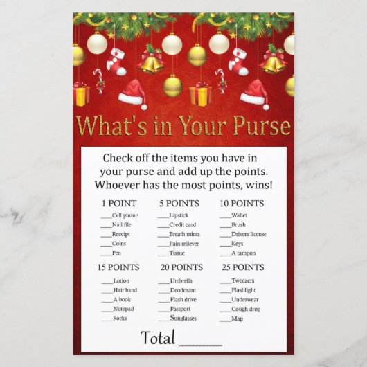 Kerstfeestdag decor Wat zit er in je handtas? (Voorkant)