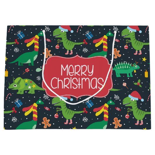 Kerstfeestdag Dinosaur Gift Bag Groot Cadeauzakje (Voorkant)