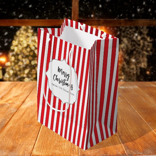 Kerstfeestdag Eenvoudig rood gestreept feestelijk Medium Cadeauzakje