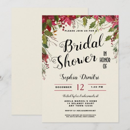 Kerstfeestdag Floral Bridal Showuitnodiging Kaart (Voorkant / Achterkant)