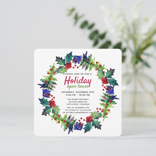 Kerstfeestdag Floral Wreate Open House Kaart (Staand voorkant)