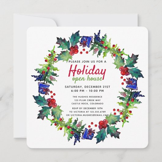 Kerstfeestdag Floral Wreate Open House Kaart (Voorkant)