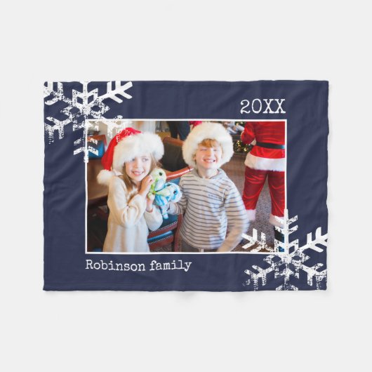 Kerstfeestdag Foto Snowflake Navy Blue Fleece Deken (Voorkant (Horizontaal))