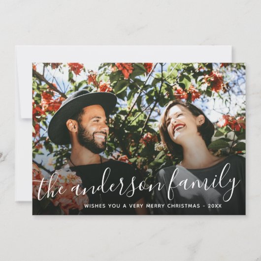 Kerstfeestdag foto van white Script Family Name Feestdagenkaart (Voorkant)
