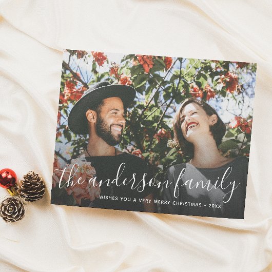 Kerstfeestdag foto van white Script Family Name Feestdagenkaart