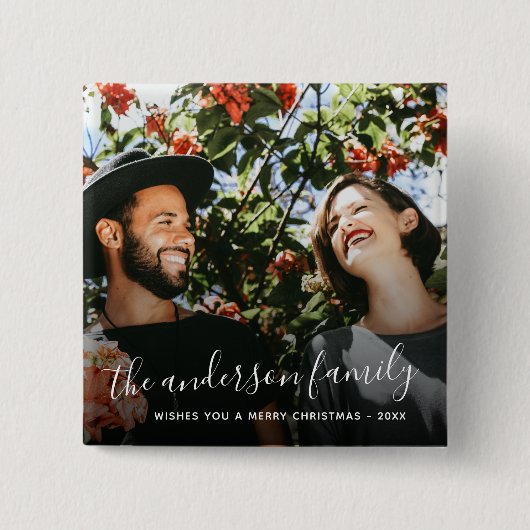 Kerstfeestdag foto van white Script Family Name Vierkante Button 5,1 Cm (Voorkant)