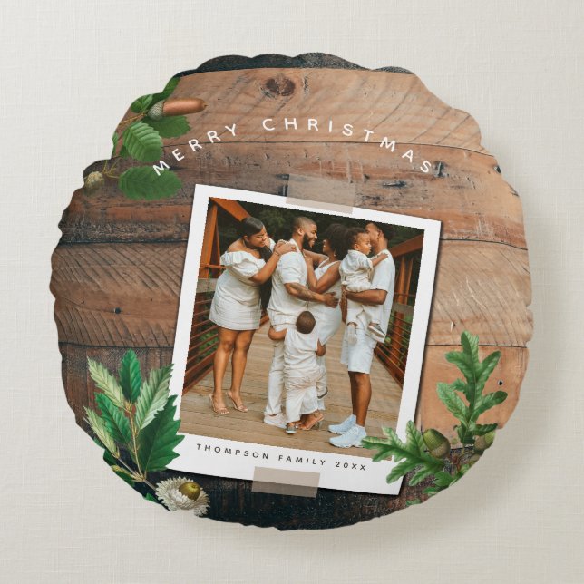  kerstfeestdag foto van Wood Acorn Rond Kussen (Voorkant)