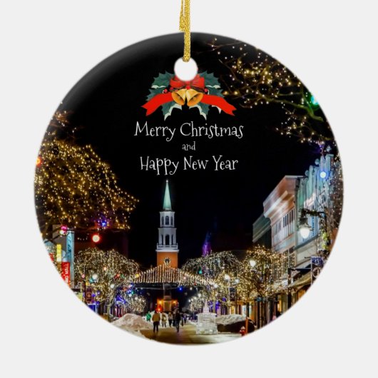 Kerstfeestdag, glans en luisteren keramisch ornament (Achterkant)