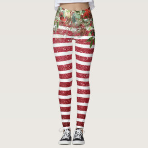 Kerstfeestdag Glitter Pine Poinsettia Red Leggings