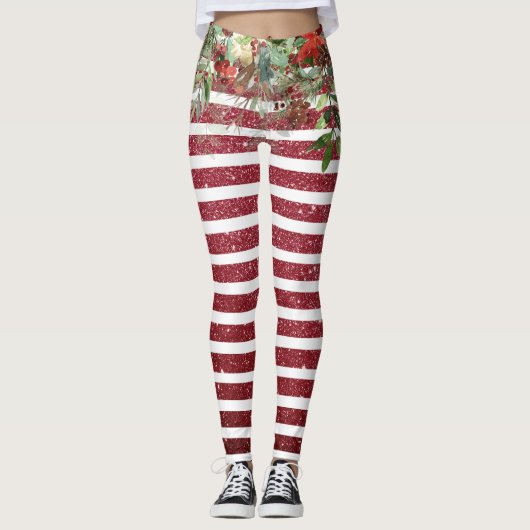 Kerstfeestdag Glitter Pine Poinsettia Red Leggings (Voorkant)