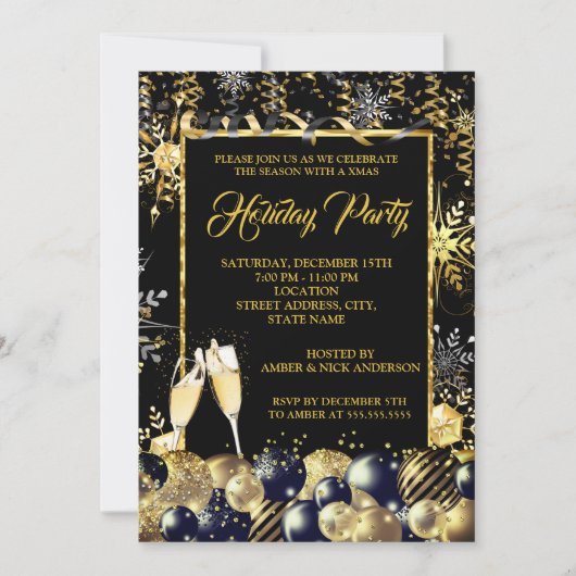 Kerstfeestdag Gold Black Snowflakes Kaart (Voorkant)