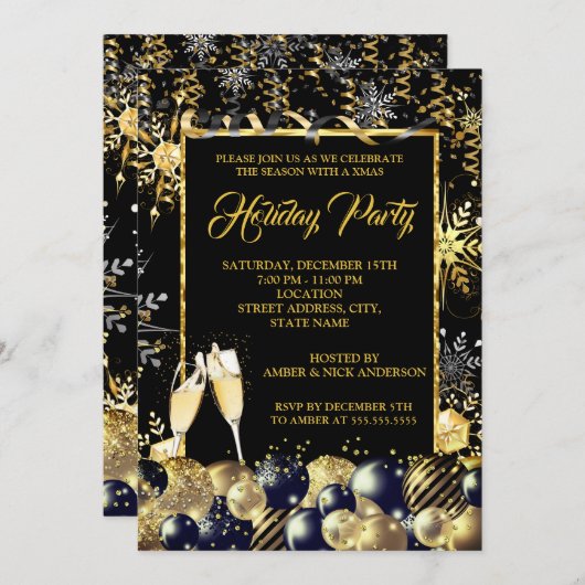 Kerstfeestdag Gold Black Snowflakes Kaart (Voorkant / Achterkant)