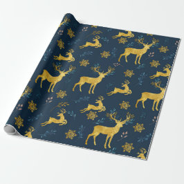 Kerstfeestdag - Gold Deer op marinebasis Cadeaupapier