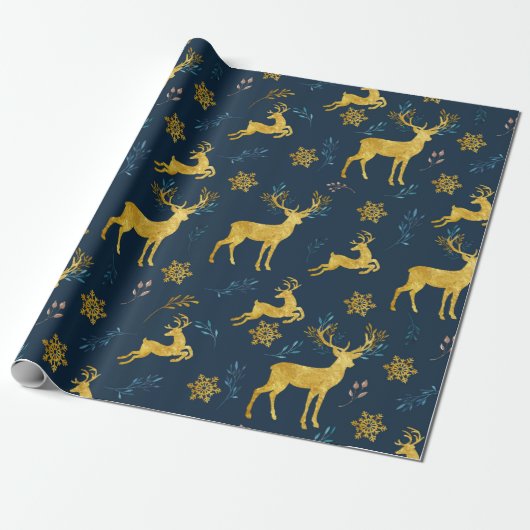Kerstfeestdag - Gold Deer op marinebasis Cadeaupapier (Uitgerold)