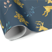 Kerstfeestdag - Gold Deer op marinebasis Cadeaupapier (Rol Hoek)