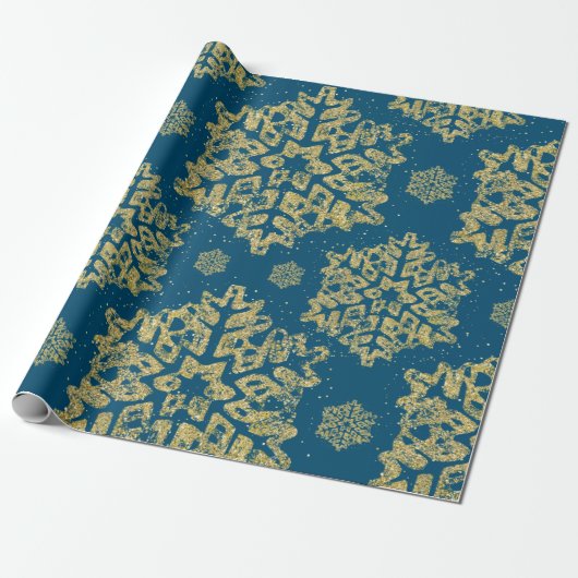 Kerstfeestdag Gold Glitter Snowflake Navy Blue Cadeaupapier (Uitgerold)