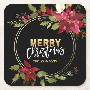 Kerstfeestdag Gold Red Poinsettia Kartonnen Onderzetters