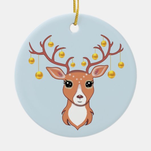 Kerstfeestdag Golden Deer op lichtblauw Keramisch Ornament (Voorkant)
