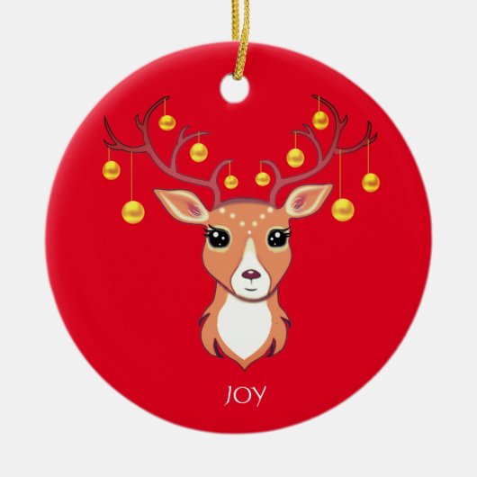 Kerstfeestdag Golden Deer op rood Keramisch Ornament (Voorkant)