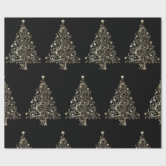Kerstfeestdag gouden sterren zwart cadeaupapier (Vlak)