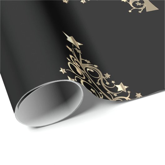 Kerstfeestdag gouden sterren zwart cadeaupapier (Rol Hoek)