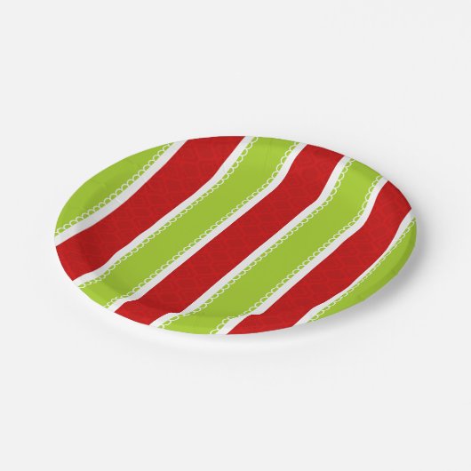Kerstfeestdag - Groen en Rode Stripes Patroon Papieren Bordje (Gekanteld)