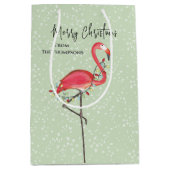 Kerstfeestdag groene roze flamingsneeuw medium cadeauzakje (Voorkant)