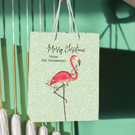 Kerstfeestdag groene roze flamingsneeuw medium cadeauzakje