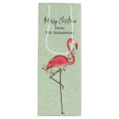 Kerstfeestdag groene roze flamingsneeuwverkuis wijn cadeautas (Voorkant)