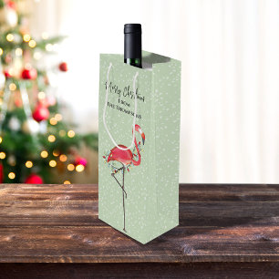 Kerstfeestdag groene roze flamingsneeuwverkuis wijn cadeautas