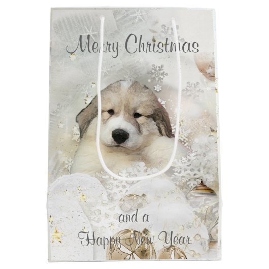 Kerstfeestdag Grote Pyreneeën Pup Waterverf Medium Cadeauzakje (Achterkant)