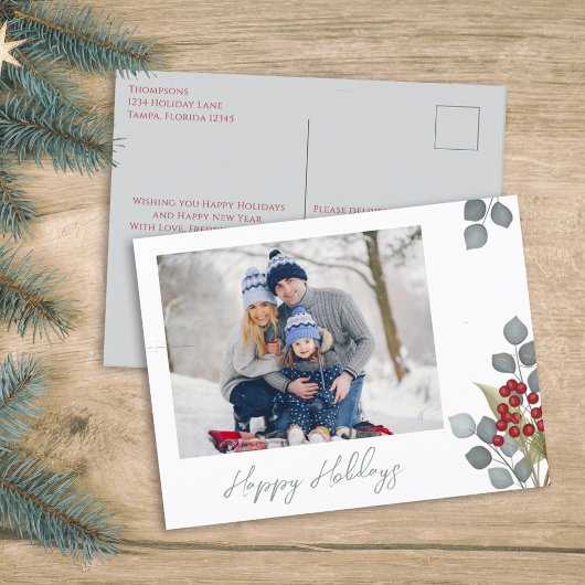 Kerstfeestdag Holly Berries Greenery 1 Foto Feestdagenkaart