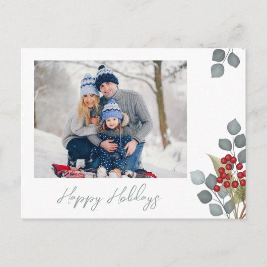 Kerstfeestdag Holly Berries Greenery 2 Foto Feestdagenkaart (Voorkant)