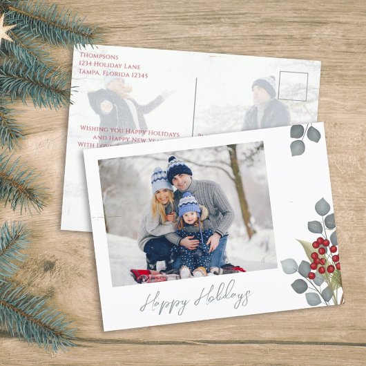 Kerstfeestdag Holly Berries Greenery 2 Foto Feestdagenkaart