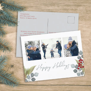 Kerstfeestdag Holly Berries Greenery 3 Foto Feestdagenkaart