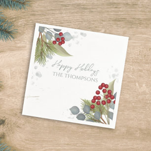 Kerstfeestdag Holly Berries Greenery Silver Servet