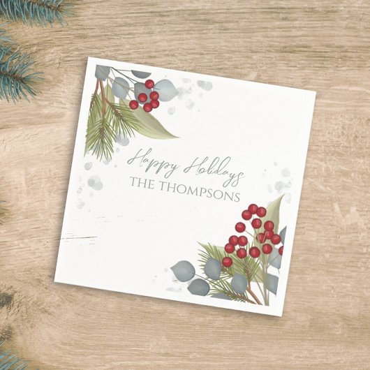 Kerstfeestdag Holly Berries Greenery Silver Servet