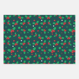 Kerstfeestdag Holly Berry Mistletoe Pattern Inpakpapier Vel