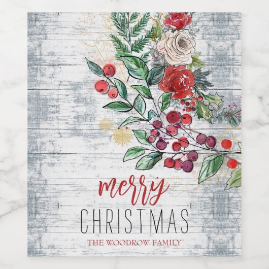 Kerstfeestdag Holly Rustic Wood Wijn Etiket (Enkel label)