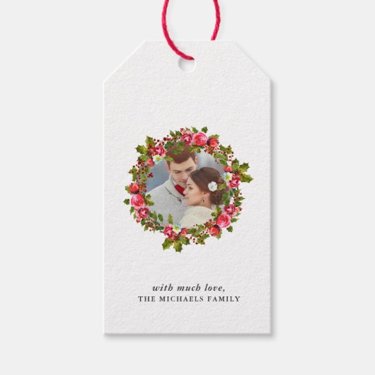 Kerstfeestdag Holly Wreator and Photo Gift Label Cadeaulabel (Voorkant)